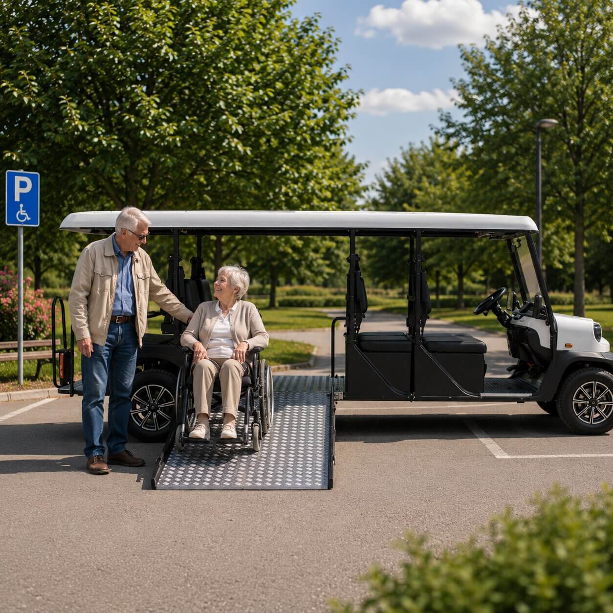 Melex dla osób niepełnosprawnych do transportu pasażera na wózku inwalidzkim