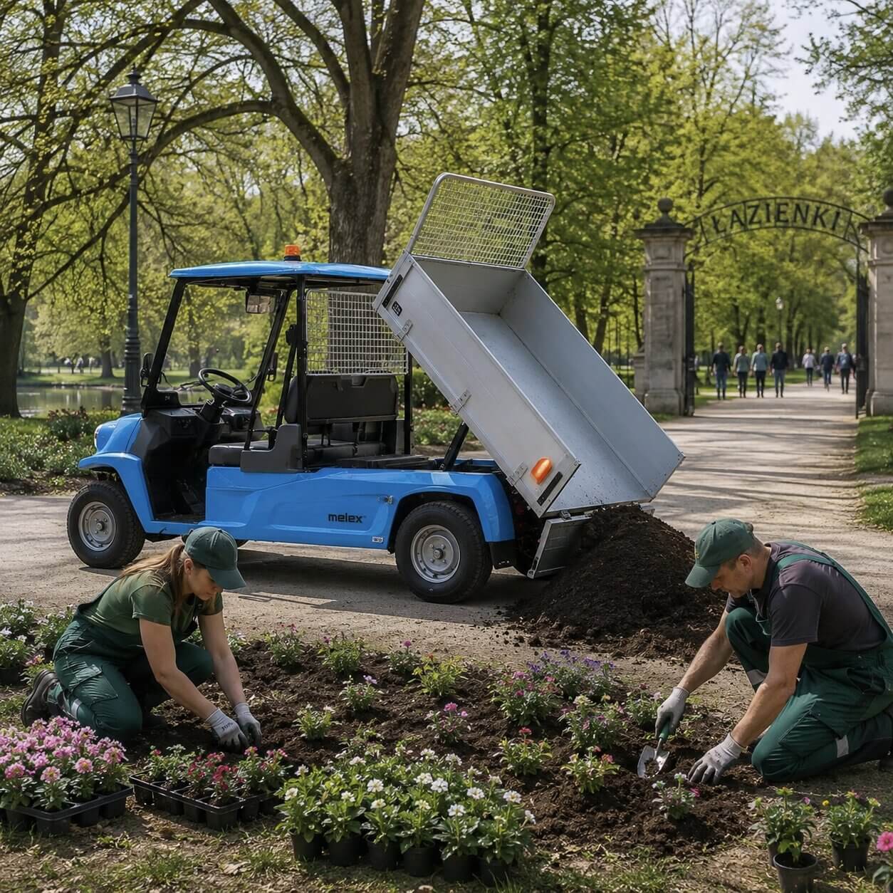 Melex ze skrzynią ładunkową i kiprem do transportu materiałów
